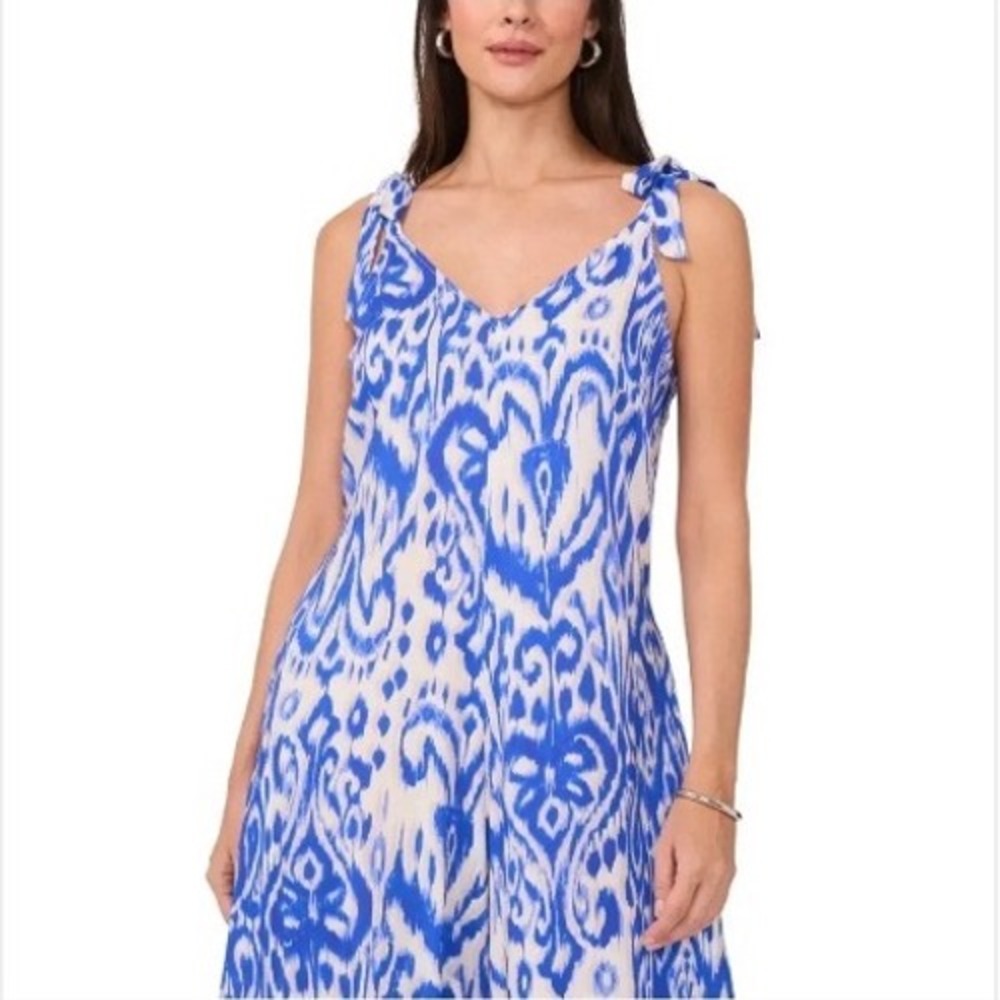 Vince Camuto Jumpsuit XL Blue White Ikat Summer Swirl Royal Azure 91225B911
